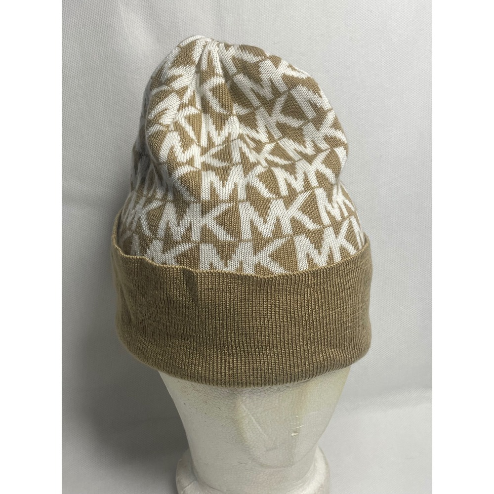 Michael Kors Signature Monogram Beanie Tan Jacquard Knit Hat Unisex OSFM Cap